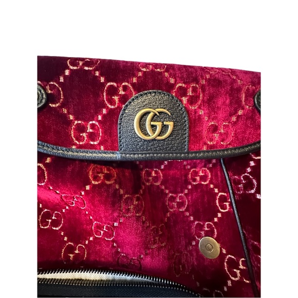 EUC GUCCI GG Marmont Backpack Rucksack Red Velvet Velour Black Leather - Picture 5 of 11